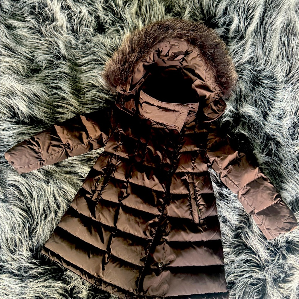 NWT - Moncler Baby Feather-filled Puffer Coat in Brown with Faux Fur Trim
